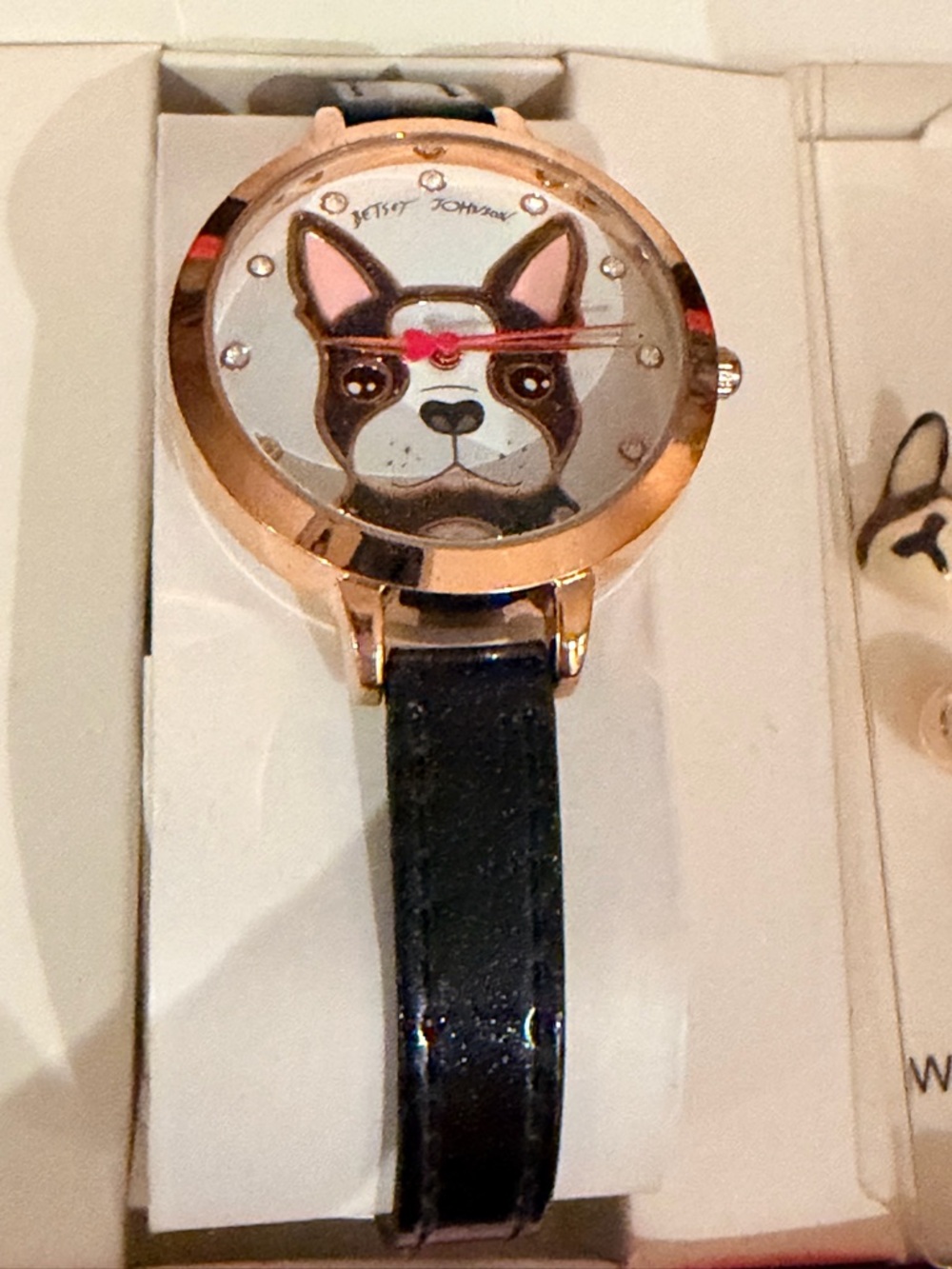 Betsey Johnson Rose Gold Watch with Frenchie - Black Strap and Pink Bow Accent
